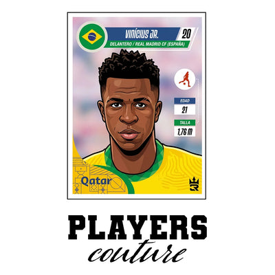Vinicius Junior World Cup Sticker Men's T-Shirt – white close-up detail shot of the Vinicius Junior Players Couture logo