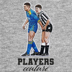 Vinnie Jones & Gazza Badge Men's Hoodie – grey close-up detail shot of the Vinnie Jones Players Couture logo design