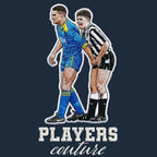 Vinnie Jones & Gazza Badge Men's Hoodie – navy close-up detail shot of the Vinnie Jones & Gazza Players Couture logo design