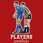 Vinnie Jones & Gazza Badge Men's Hoodie – red close-up detail shot of the Vinnie Jones & Gazza Players Couture logo design