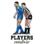 Vinnie Jones & Gazza Badge Men's Hoodie – white close-up detail shot of the Vinnie Jones & Gazza Players Couture logo design
