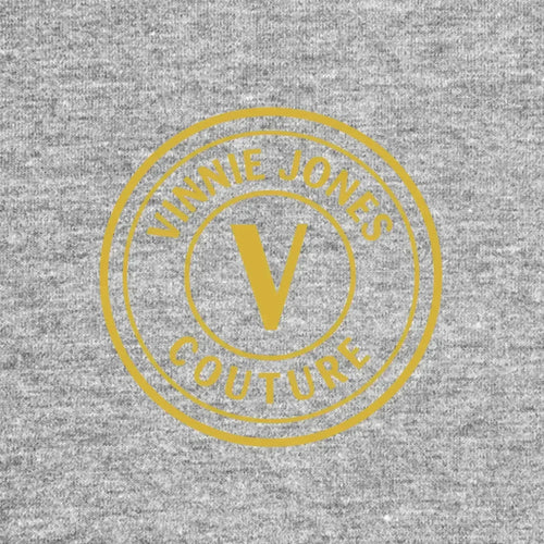 Vinnie Jones Logo Men's Hoodie – grey close-up detail shot of the Vinnie Jones Players Couture logo design