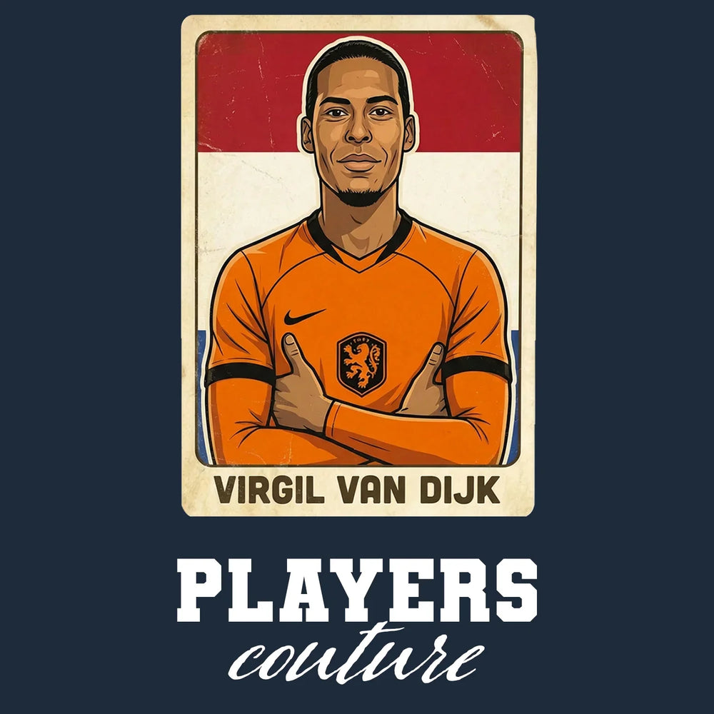 Virgil Van Dijk 2026 World Cup Sticker Men's T-Shirt – navy close-up detail shot of the Virgil Van Dijk 2026 World Cup