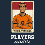 Virgil Van Dijk 2026 World Cup Sticker Men's T-Shirt – navy close-up detail shot of the Virgil Van Dijk 2026 World Cup