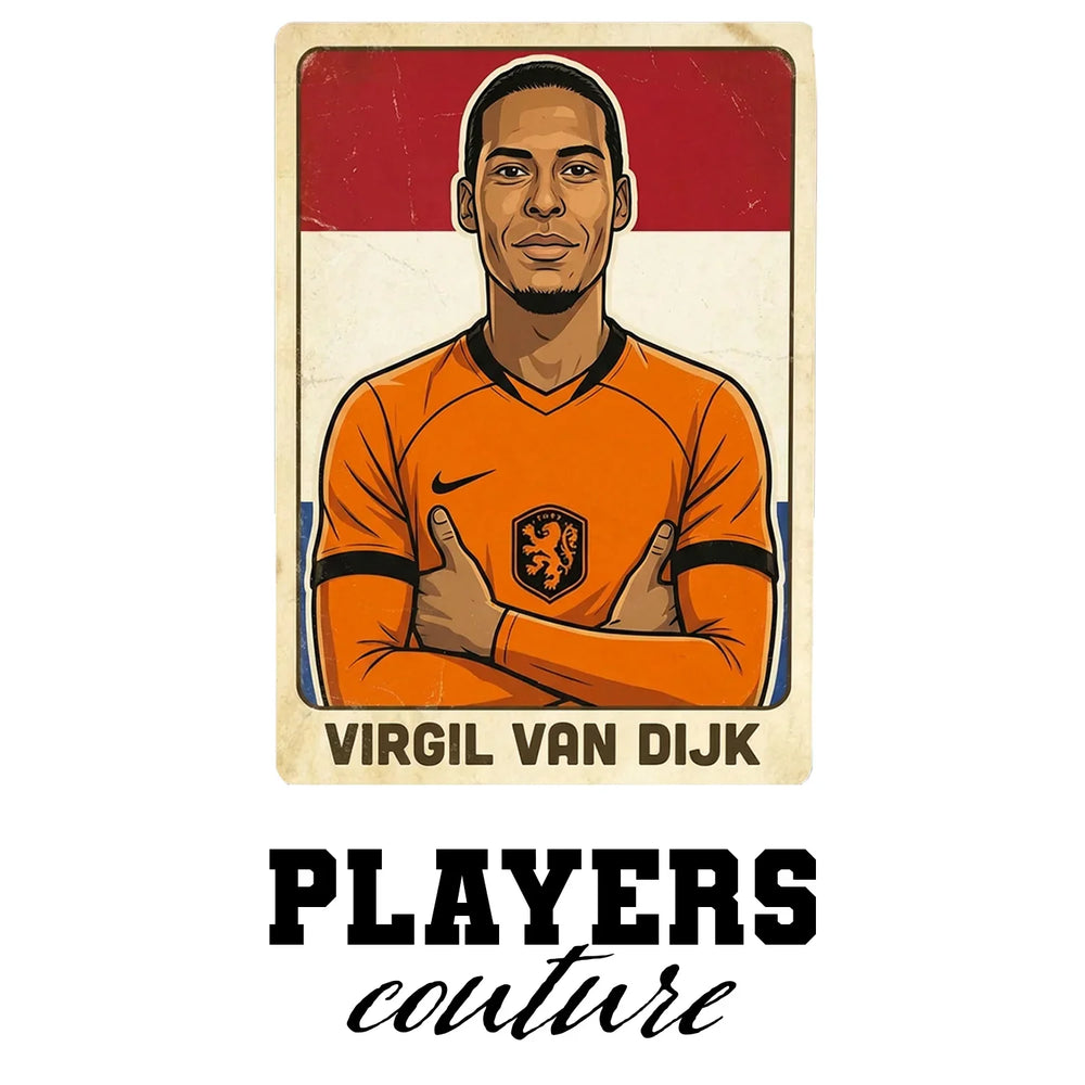 Virgil Van Dijk 2026 World Cup Sticker Men's T-Shirt – white close-up detail shot of the Virgil Van Dijk Players Couture