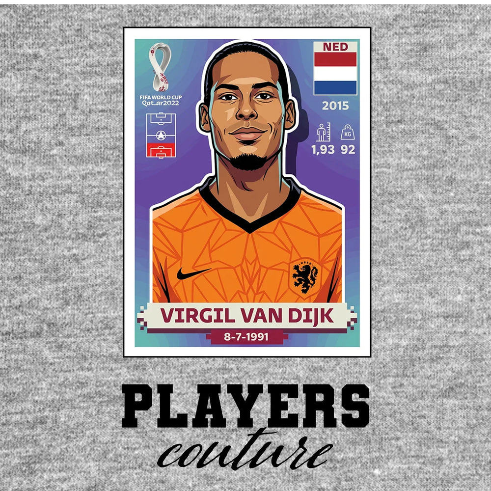 Virgil Van Dijk World Cup Sticker Men's T-Shirt – grey close-up detail shot of the Virgil Van Dijk World Cup Players Couture