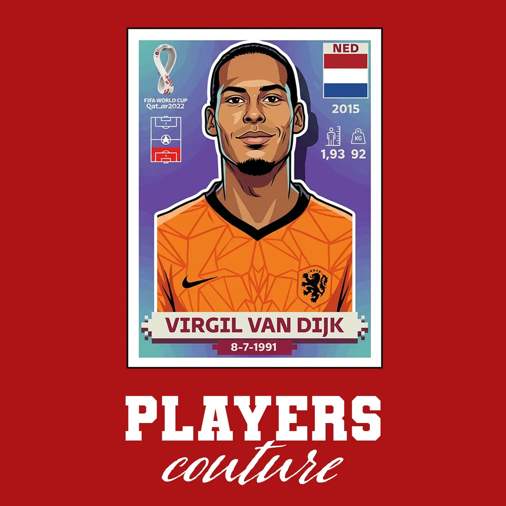 Virgil Van Dijk World Cup Sticker Men's T-Shirt – red close-up detail shot of the Virgil Van Dijk World Cup Players Couture