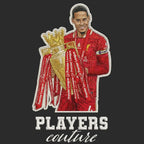 Virgil Van Dijk Badge Men's Hoodie – black close-up detail shot of the Virgil Van Dijk Players Couture logo design