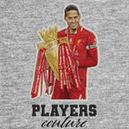 Virgil Van Dijk Badge Men's Hoodie – grey close-up detail shot of the Virgil Van Dijk Players Couture logo design