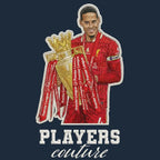 Virgil Van Dijk Badge Men's Hoodie – navy close-up detail shot of the Virgil Van Dijk Players Couture logo design