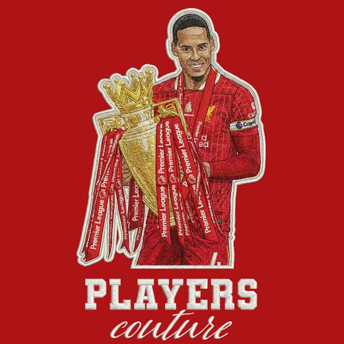 Virgil Van Dijk Badge Men's Hoodie – red close-up detail shot of the Virgil Van Dijk Players Couture logo design
