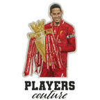 Virgil Van Dijk Badge Men's Hoodie – white close-up detail shot of the Virgil Van Dijk Players Couture logo design