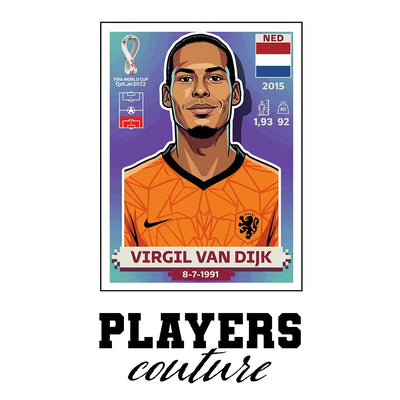 Virgil Van Dijk World Cup Sticker Men's T-Shirt – white close-up detail shot of the Virgil Van Dijk Players Couture logo
