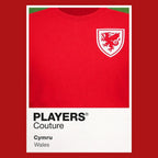 Wales Classic Football Shirt Colours Frame Men's T-Shirt – red close-up detail shot of the Wales Players Couture logo design