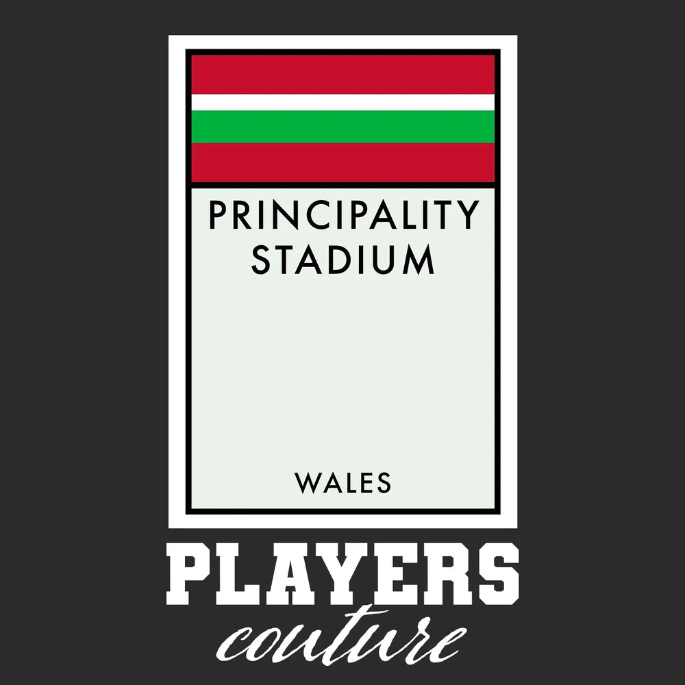 Wales Monopoly Card hoodie – black men's hoodie with white Wales Monopoly Card letters and Players Couture logo on the chest