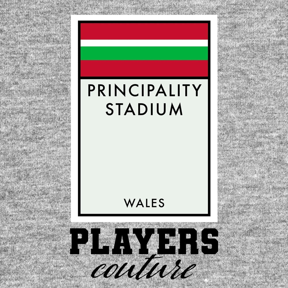 Wales Monopoly Card hoodie – grey men's hoodie with black Wales Monopoly Card letters and Players Couture logo on the chest
