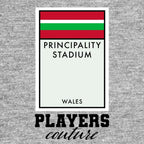 Wales Monopoly Card hoodie – grey men's hoodie with black Wales Monopoly Card letters and Players Couture logo on the chest