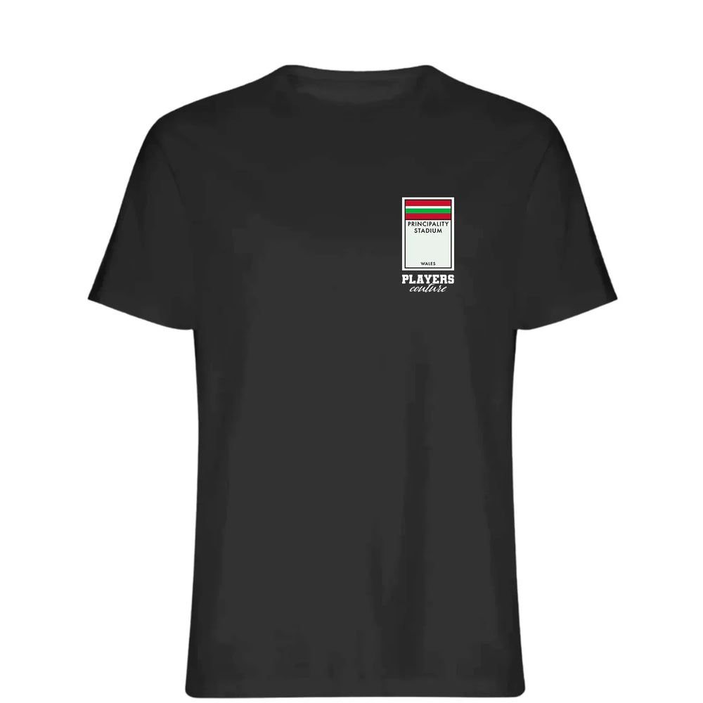 Wales Monopoly Card t-shirt – red men's t-shirt with white Wales Monopoly Card letters and Players Couture logo on the chest