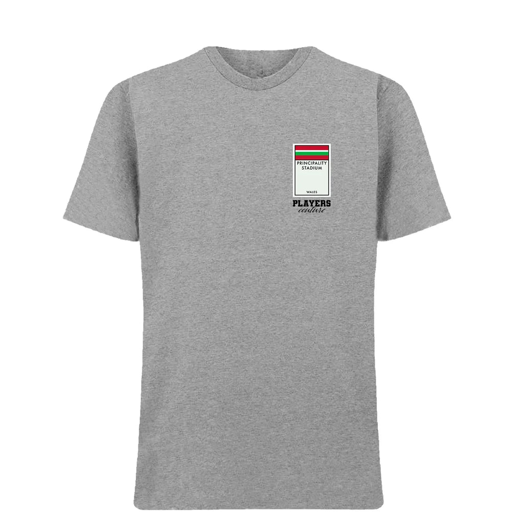 Wales Monopoly Card t-shirt – close-up of white Wales Monopoly Card lettering and Players Couture logo on the chest