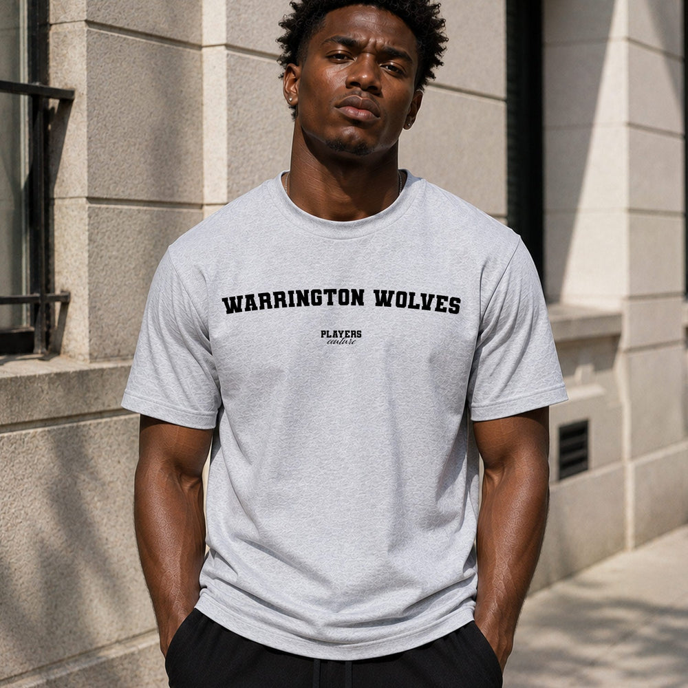 Warrington Wolves Men's T-Shirt — lifestyle photo, Grey t-shirt
