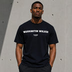 Warrington Wolves Men's T-Shirt — lifestyle photo, Navy t-shirt