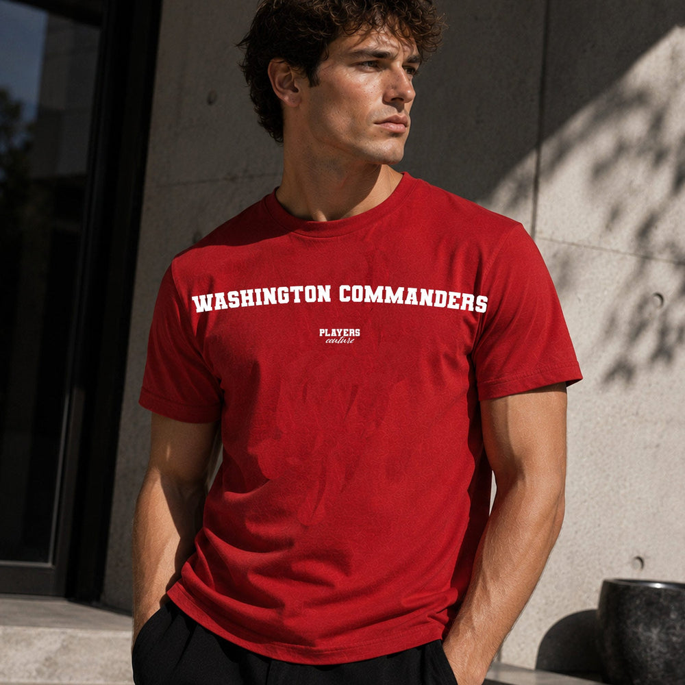 Washington Commanders Men's T-Shirt — lifestyle photo, Red t-shirt
