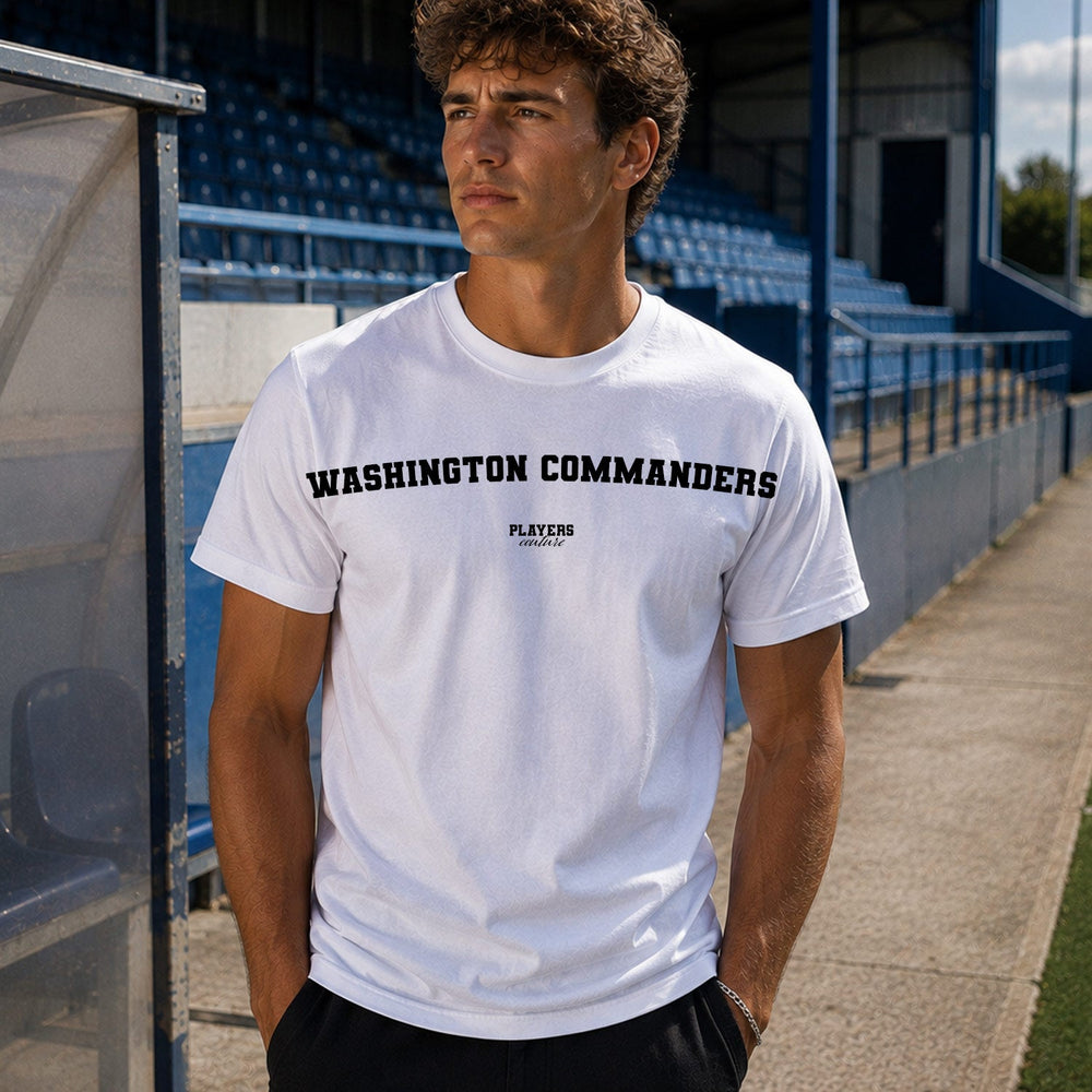 Washington Commanders Men's T-Shirt — lifestyle photo, White t-shirt