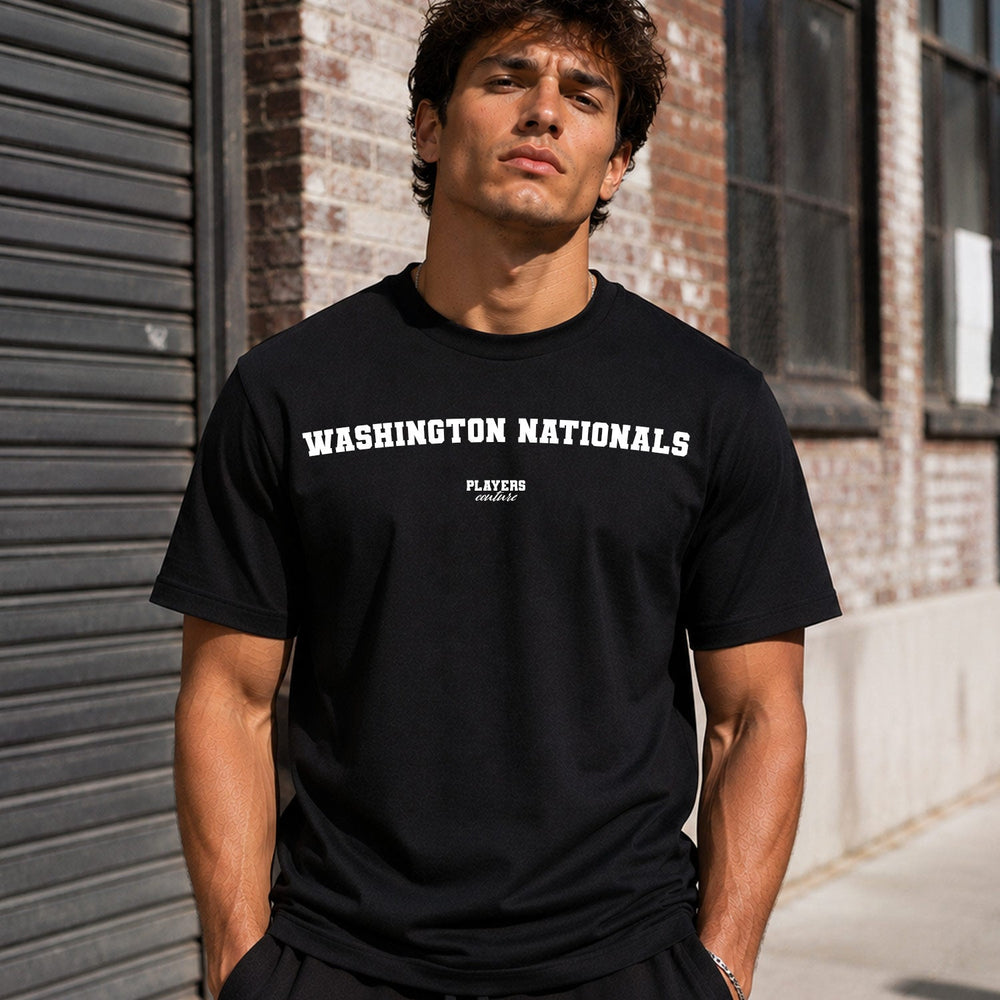 Washington Nationals Men's T-Shirt — lifestyle photo, Black t-shirt