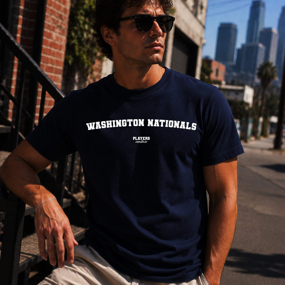 Washington Nationals Men's T-Shirt — lifestyle photo, Navy t-shirt