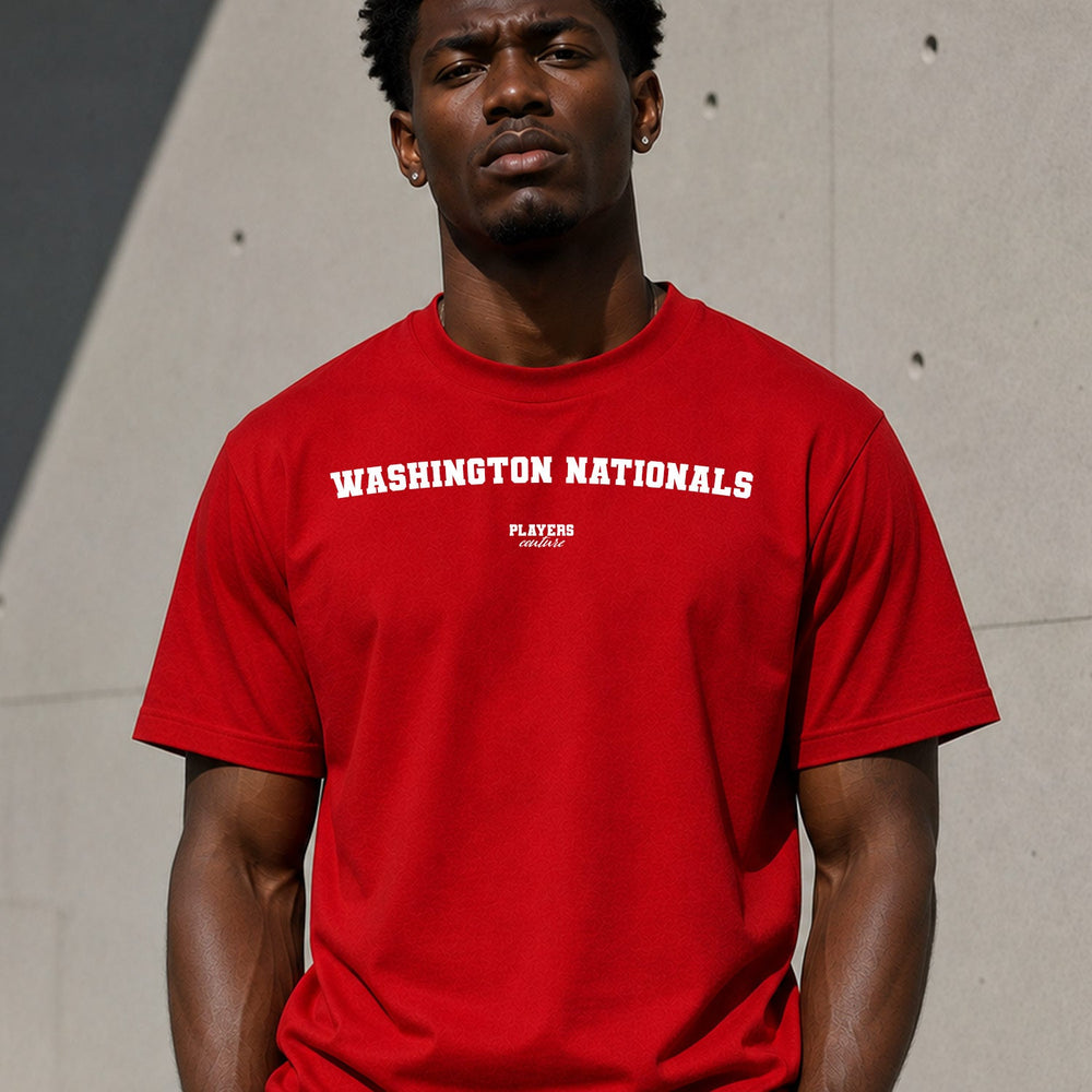 Washington Nationals Men's T-Shirt — lifestyle photo, Red t-shirt