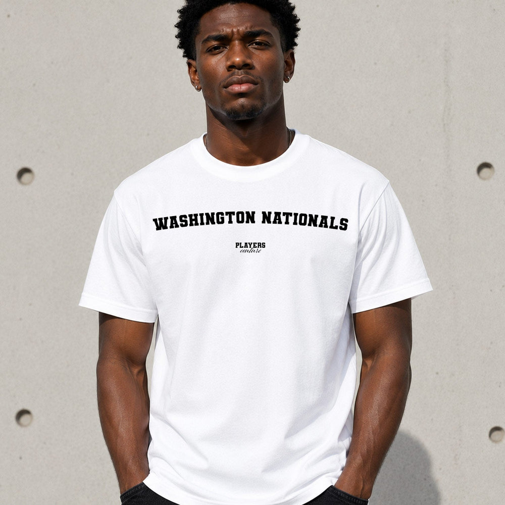 Washington Nationals Men's T-Shirt — lifestyle photo, White t-shirt