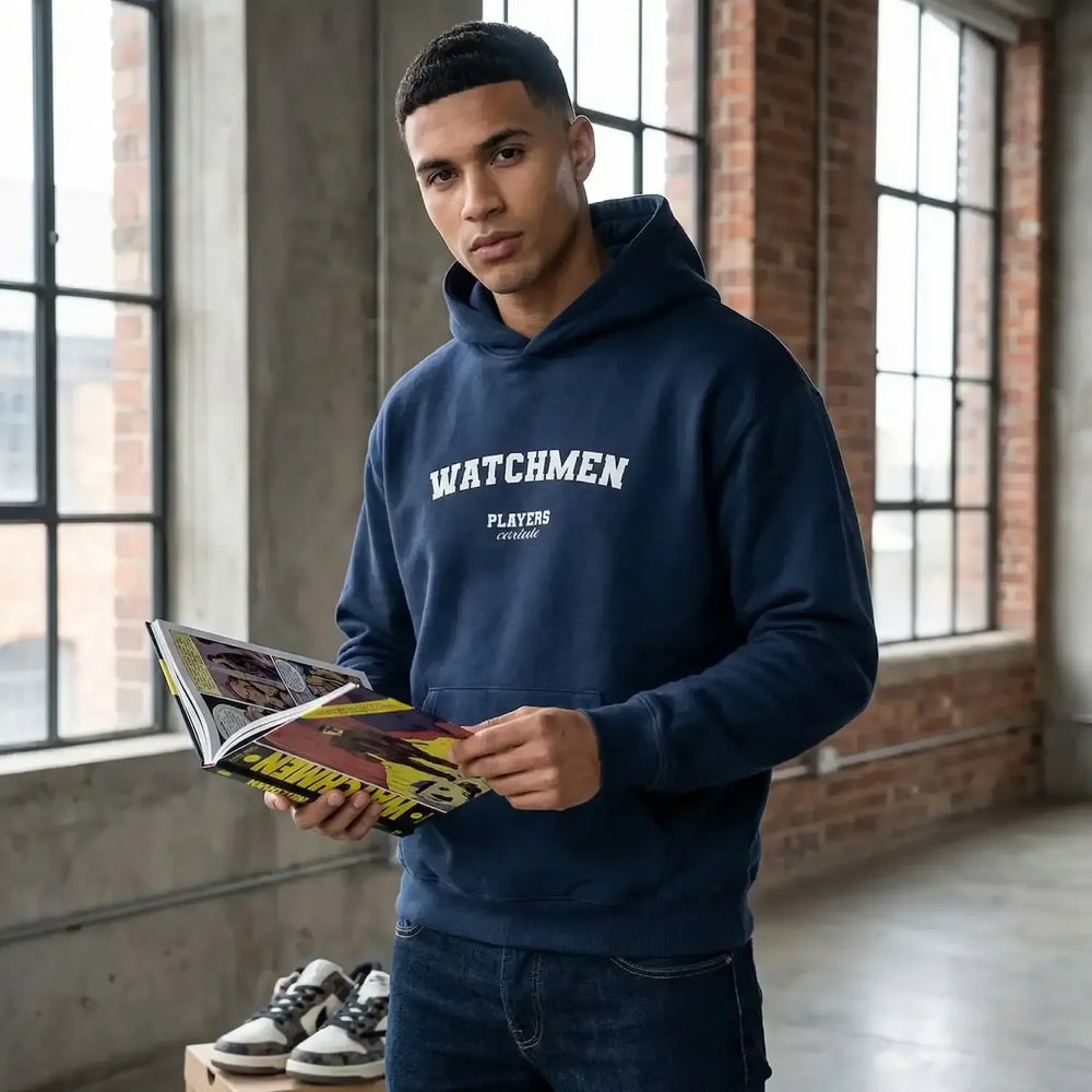 Watchmen hoodie – navy men's hoodie with white Watchmen letters and Players Couture logo on the chest
