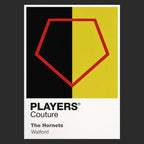 Watford Classic Football Shirt Colours Frame Men's T-Shirt – black close-up detail shot of the Watford Players Couture logo