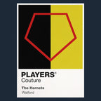Watford Classic Football Shirt Colours Frame Men's T-Shirt – navy close-up detail shot of the Watford Players Couture logo