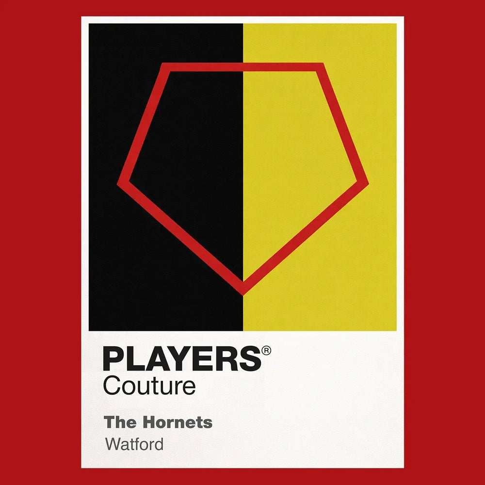 Watford Classic Football Shirt Colours Frame Men's T-Shirt – red close-up detail shot of the Watford Players Couture logo