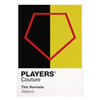 Watford Classic Football Shirt Colours Frame Men's T-Shirt – white close-up detail shot of the Watford Players Couture logo