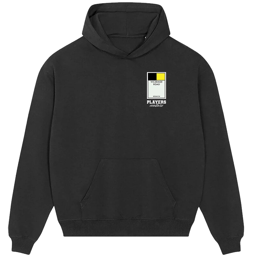 Watford Monopoly Card hoodie – red men's hoodie with white Watford Monopoly Card letters and Players Couture logo on the