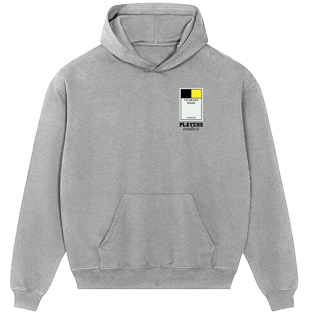 Watford Monopoly Card hoodie – close-up of white Watford Monopoly Card lettering and Players Couture logo on the chest