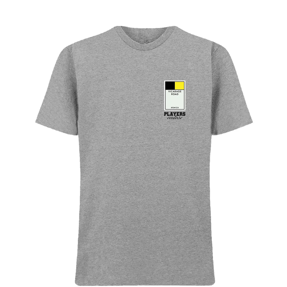 Watford Monopoly Card t-shirt – close-up of white Watford Monopoly Card lettering and Players Couture logo on the chest