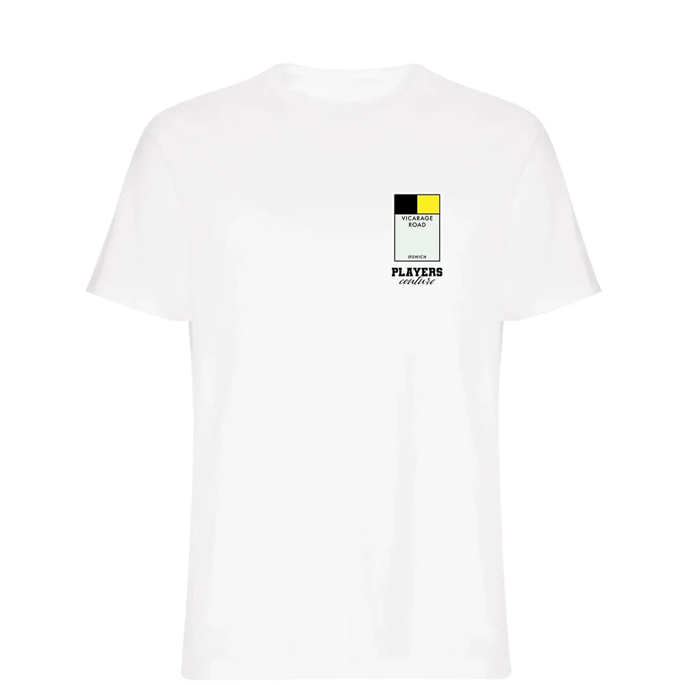 Watford Monopoly Card t-shirt – navy men's t-shirt with white Watford Monopoly Card letters and Players Couture logo on the