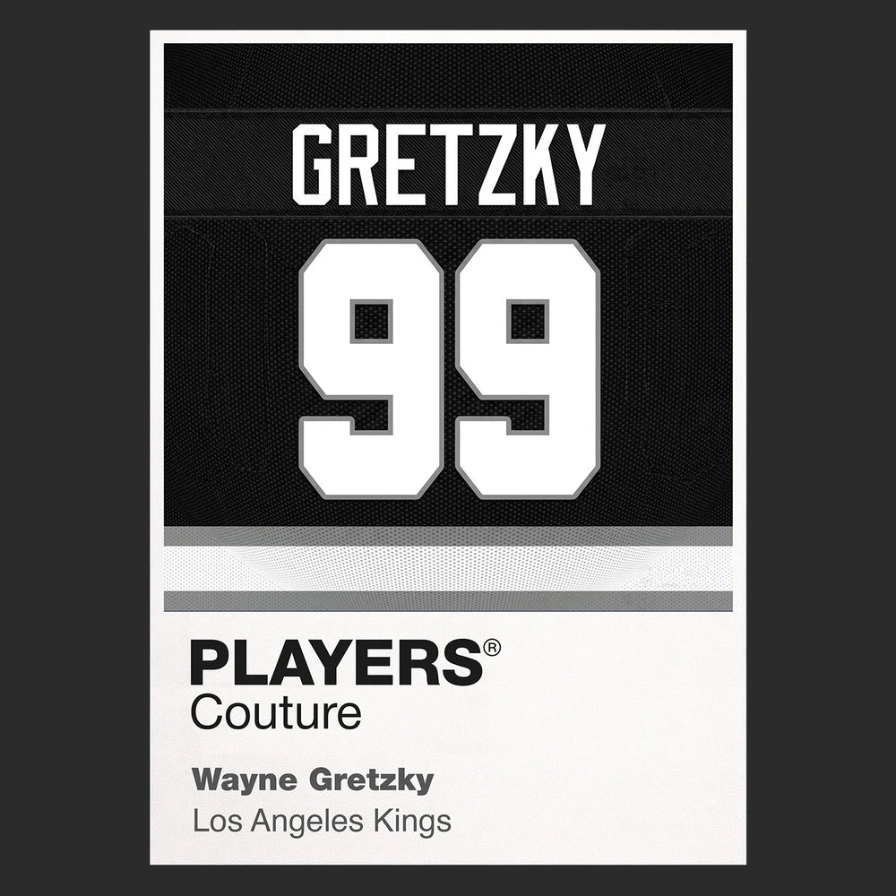 Wayne Gretzky 99 Kings Jersey Frame Men's T-Shirt – black close-up detail shot of the Wayne Gretzky 99 Kings Players Couture