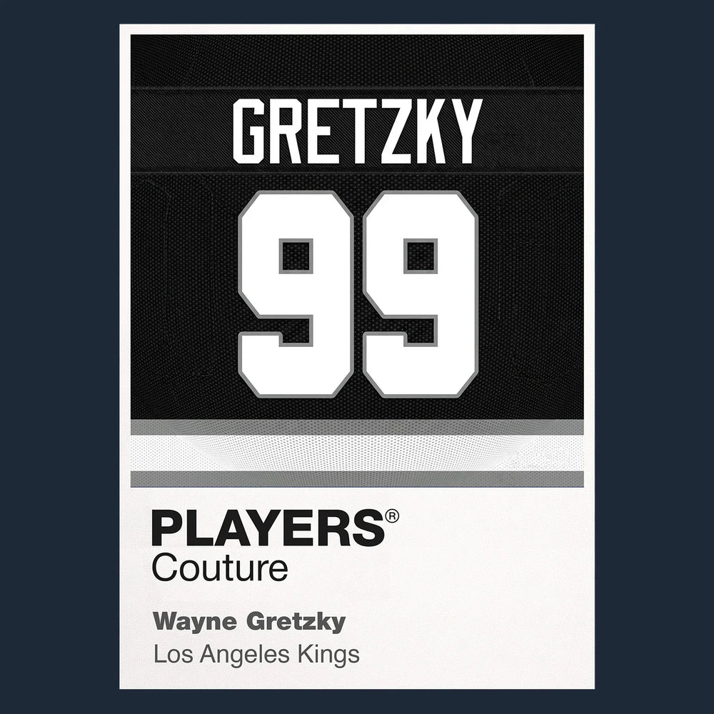 Wayne Gretzky 99 Kings Jersey Frame Men's T-Shirt – navy close-up detail shot of the Wayne Gretzky 99 Kings Players Couture