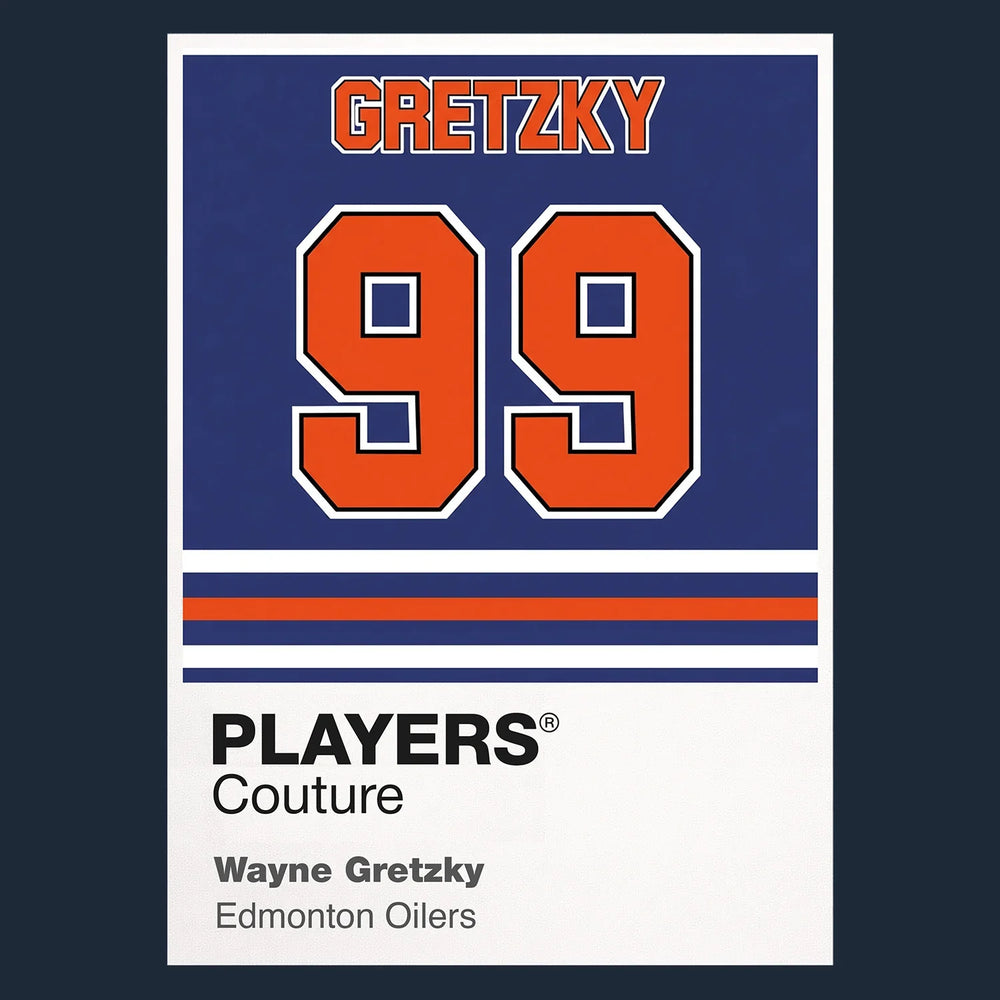 Wayne Gretzky 99 Oilers Jersey Frame Men's T-Shirt – navy close-up detail shot of the Wayne Gretzky 99 Oilers Players