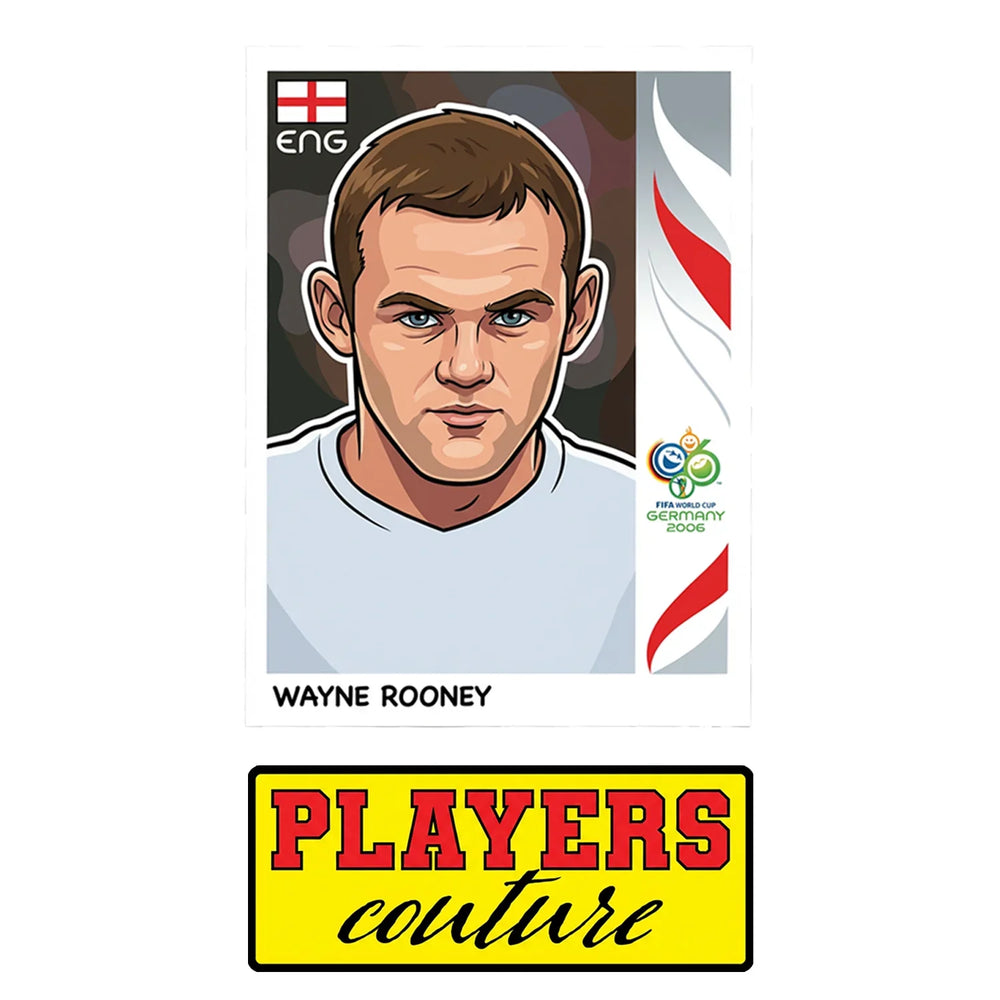 Wayne Rooney World Cup Sticker Men's T-Shirt – close-up detail shot of the Wayne Rooney World Cup Players Couture logo design
