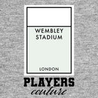 England Wembley Monopoly Card hoodie – grey men's hoodie with black England Wembley Monopoly Card letters and Players