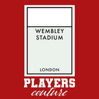 England Wembley Monopoly Card hoodie – red men's hoodie with white England Wembley Monopoly Card letters and Players Couture
