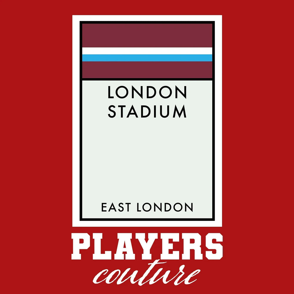 West Ham United New Monopoly Card hoodie – red men's hoodie with white West Ham United New Monopoly Card letters and Players