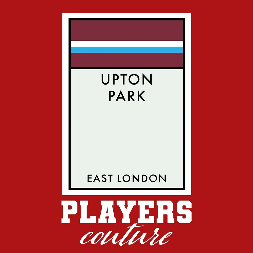 West Ham United Monopoly Card hoodie – red men's hoodie with white West Ham United Monopoly Card letters and Players Couture