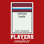 West Ham United Monopoly Card hoodie – red men's hoodie with white West Ham United Monopoly Card letters and Players Couture