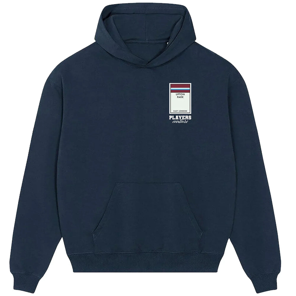 West Ham United Monopoly Card hoodie – red men's hoodie with white West Ham United Monopoly Card letters and Players Couture
